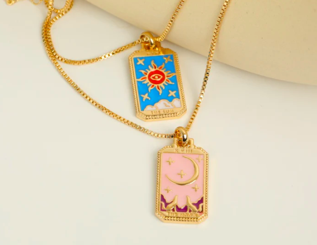 Coloured tarot card necklace pendants.