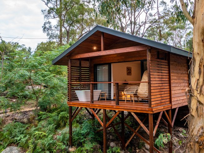 An eco-friendly yoga retreat in Australia featuring a wooden cabin on stilts amongst the Australian bushland.