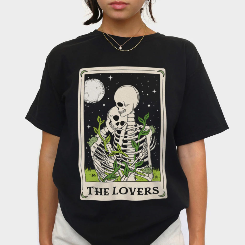 A black t-shirt with The Lovers Tarot Card design